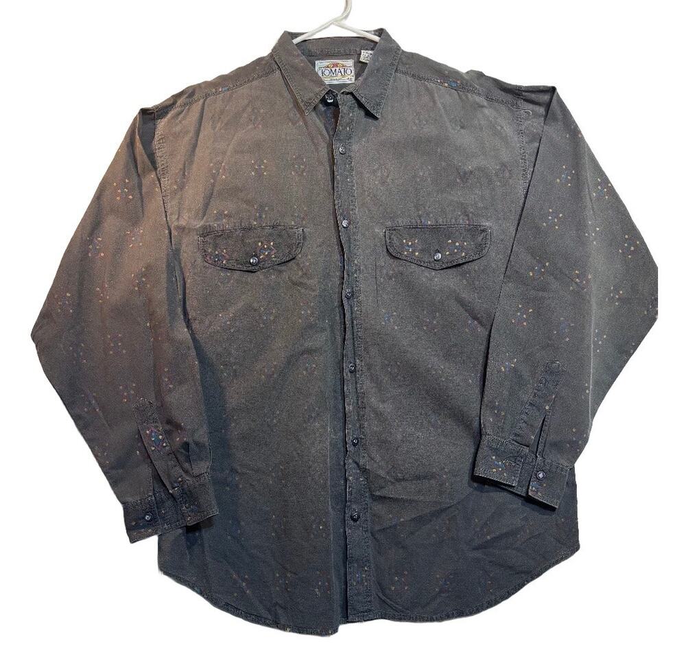 Vintage TOMATO Black Denim Button Up Shirt Multicolor Pattern 100% Cotton
